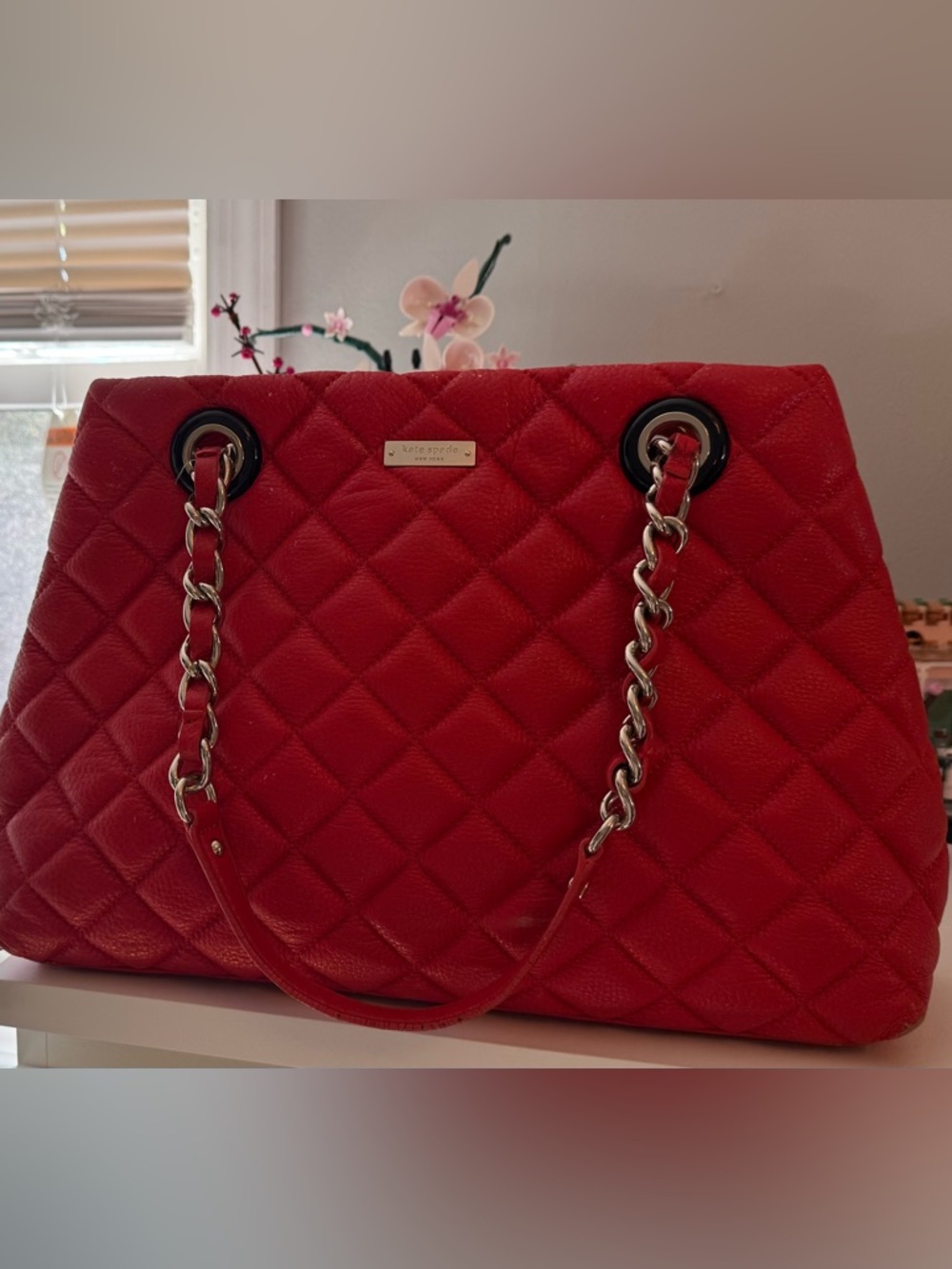 Kate Spade Red Quilted Leather Shoulder Bag with Chain Detail